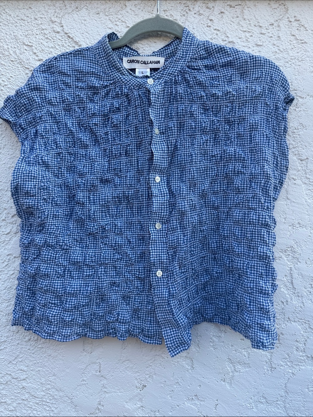 Caron Callahan Blue Gingham Short-Sleeve Button Down Blouse